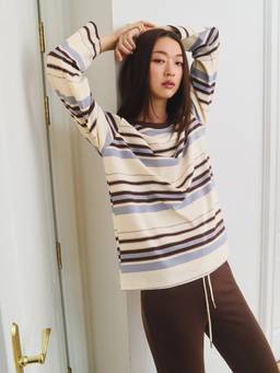 Pomelo - Striped Long Sleeve Tee - Ivory/Brown