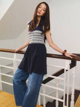 Pomelo - Striped Pleated Knit Mini Dress - Navy Blue