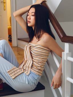Pomelo - Striped Front Tie Tube Top - Orange