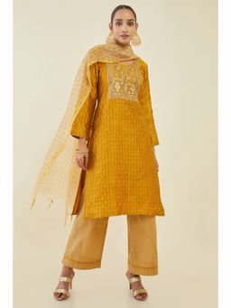 Soch - Women Gold Silk Embroidered Dress Material (Set of 3)