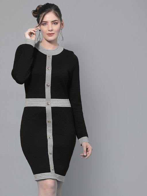 Buy Mafadeny Women Self Design Long Sleeves Round Neck Viscose Black Knee  Length Winter Dress Online