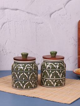 VarEesha - Olive Jodhpuri Hand Painted Jar with Lids (Pack Of 2)
