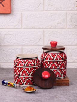 VarEesha - Red Jodhpuri Hand Painted Jar with Lids (Pack Of 2)