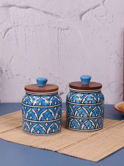 VarEesha - Turquoise Jodhpuri Hand Painted Jar with Lids (Pack Of 2)