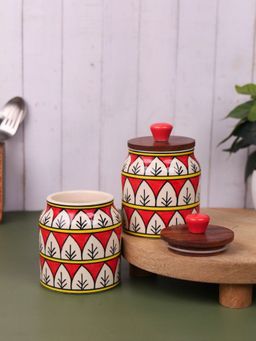 VarEesha - Red Jodhpuri Hand Painted Jar with Lids (Pack Of 2)