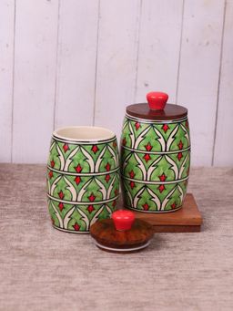 VarEesha - Parot Green Jodhpuri Hand Painted Jar with Lids (Pack Of 2)