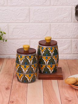 VarEesha - Olive Jodhpuri Hand Painted Jar with Lids (Pack Of 2)