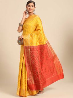 Odette - Mustard Silk Blend Printed Saree with Unstitched Blouse
