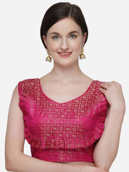 Amrutam Fab - Womens Printed Pink Jacquard Stiched Blouse With V Neck