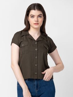 Spykar - Women Olive Cotton Slim Fit Half Sleeve Plain Shirt