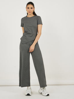 Styli - Women Grey Short Sleeve Side Ruching Knit Top and Wide Leg Jogger Co-Ord (Set of 2)