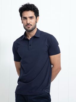 Rare Rabbit - Lupin Premium Polo T-Shirt with Velvet Buttons Navy Blue