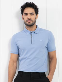 Rare Rabbit - Saliso Smart Textured Zipper Polo T-Shirt Blue