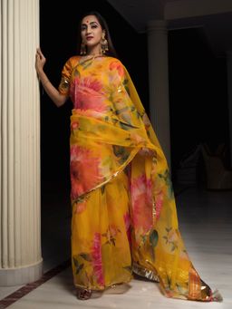 POMCHA - Organza Silk Yellow Saree With Unstitched Blouse