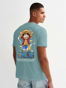 PRONK - Luffy One Piece Men Regular Fit Mint Green Half Sleeve T-Shirt