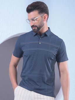 CRIMSOUNE CLUB - Men Navy Blue Checked Polo Neck T-Shirt
