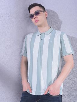 CRIMSOUNE CLUB - Men Green Vertical Striped Polo T-Shirt