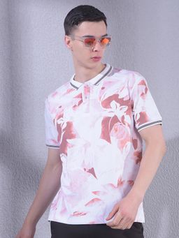 CRIMSOUNE CLUB - Men Pink Floral Print Pure Cotton Polo T-Shirt