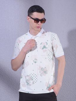 CRIMSOUNE CLUB - Men White Floral Print Polo T-Shirt