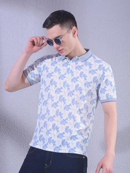 CRIMSOUNE CLUB - Men Blue Floral Print Polo T-Shirt