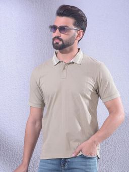 CRIMSOUNE CLUB - Men Beige Jacquard Polo Neck T-Shirt