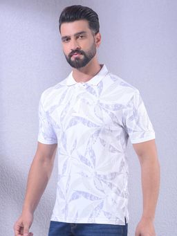 CRIMSOUNE CLUB - Men White Floral Print Polo Neck T-Shirt