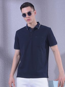 CRIMSOUNE CLUB - Navy Blue Men Polo Neck T-Shirt