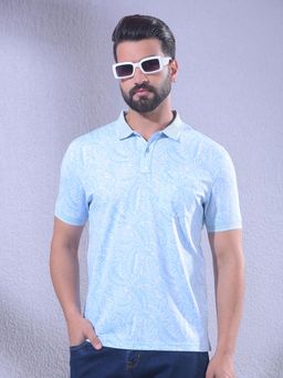 CRIMSOUNE CLUB - Men Blue Floral Print Polo Neck T-Shirt