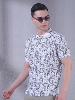 CRIMSOUNE CLUB - Men Grey Floral Print Polo Neck T-Shirt