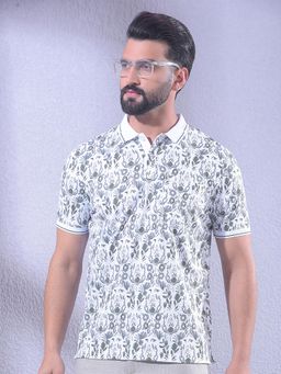 CRIMSOUNE CLUB - Men White Floral Print Polo Neck T-Shirt