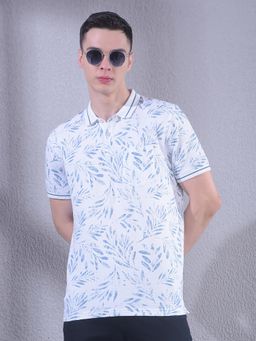 CRIMSOUNE CLUB - Men Blue Floral Print Polo Neck T-Shirt