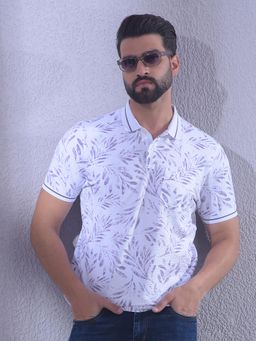 CRIMSOUNE CLUB - White Men Floral Print Polo Neck T-Shirt