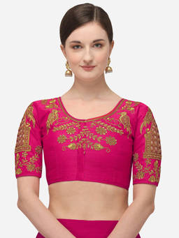 Amrutam Fab - Womens Embroidered Pink Phantom Silk Stiched Blouse With Round Neck