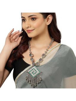 Karatcart - Oxidised Silver Green Kundan Long Rani Haar Necklace for Women