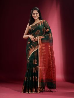 CHARUKRITI - Emerald Green with Zari Floral Design Saree with Unstitched Blouse