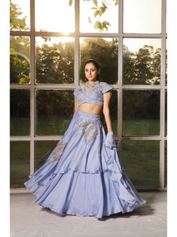 ISHA GUPTA TAYAL - Periwinkle Embroidered Double Layer Lehenga and Blouse with Ruffle Dupatta