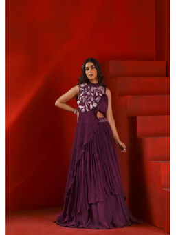 ISHA GUPTA TAYAL - Mahagony Wine Embroidered Lehenga and Blouse with Drape Cape