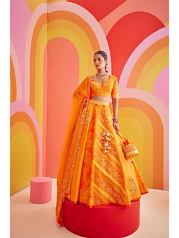 ISHA GUPTA TAYAL - Tangerine Orange Embroidered Silk Lehenga and Blouse with Dupatta