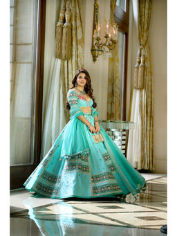ISHA GUPTA TAYAL - Natasha Luthra in Aqua Green Embroidered Silk Lehenga and Blouse with Dupatta