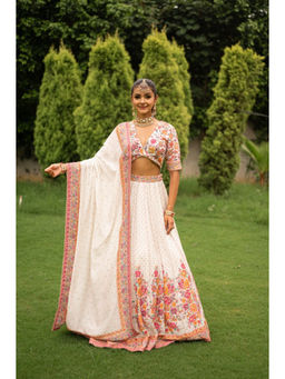 Safaa - The Gulaabdaar White Woven Lehenga Set