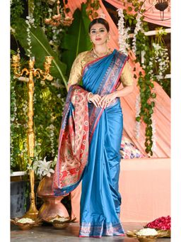 Beatitude - Blue Soft Silk Banarasi Woven Saree Paithani Pallu with Unstitched Blouse