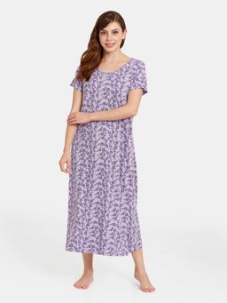 Zivame - Rosaline Dream Land Knit Cotton Mid Length Nightdress - Violet Tulip