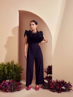 BOHO-CHIC By Sukriti Jain - Black Feather Trimmed Ruffled Jumpsuit