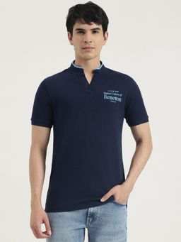 United Colors of Benetton - Men Blue Polycotton Solid Mandarin Neck T-shirt