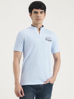 United Colors of Benetton - Men Blue Polycotton Solid Mandarin Neck T-shirt