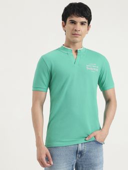 United Colors of Benetton - Men Green Polycotton Solid Mandarin Neck T-shirt