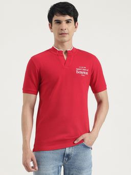 United Colors of Benetton - Men Red Polycotton Solid Mandarin Neck T-shirt