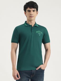 United Colors of Benetton - Men Green Polycotton Solid Collar Neck Polo T-shirt