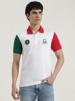 United Colors of Benetton - Men White Polycotton Colorblock Collar Neck Polo T-shirt