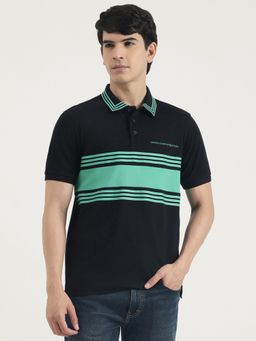 United Colors of Benetton - Men Black Polycotton Stripes Collar Neck Polo T-shirt